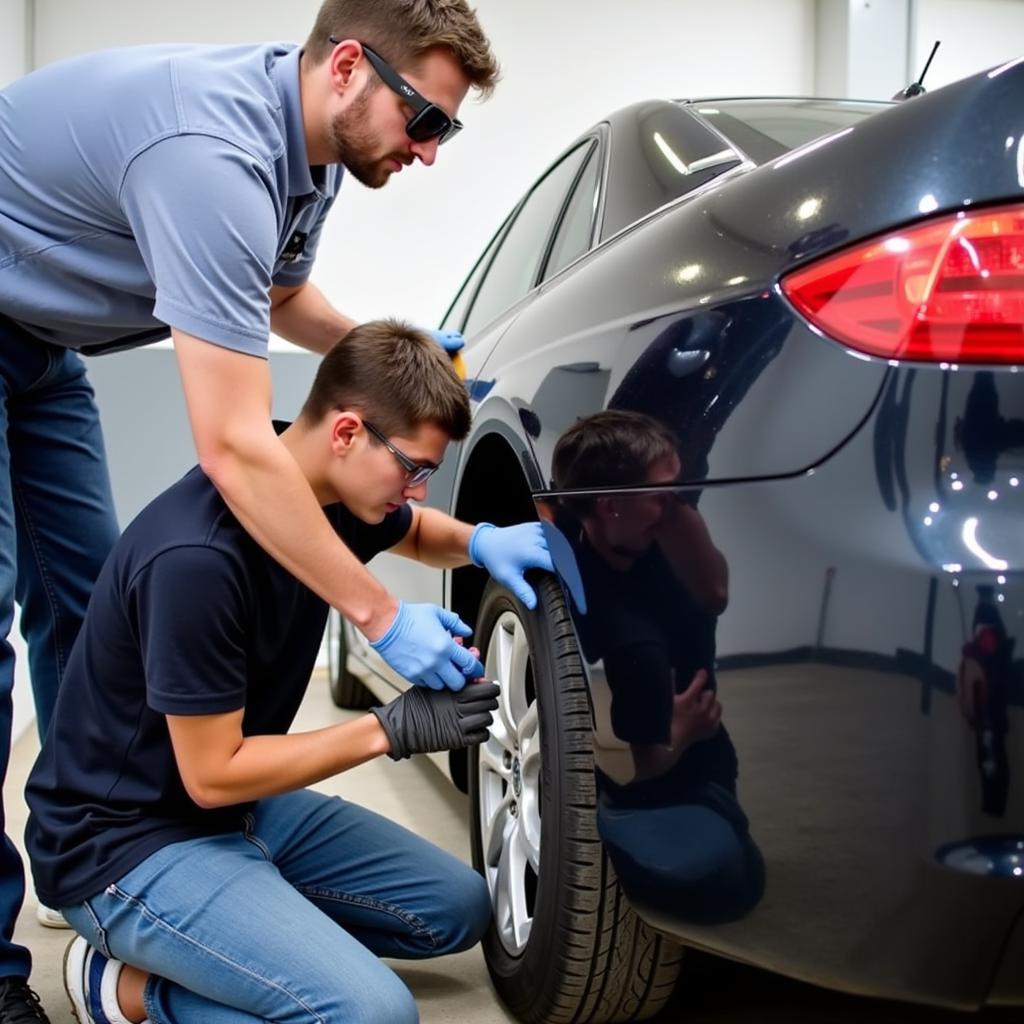 Student Changing a Tire in a Houston Car Maintenance Class