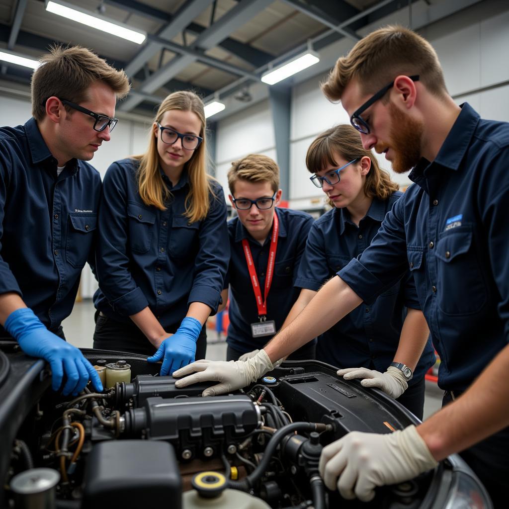 Students Working on a Car Engine in a Houston Car Maintenance Class