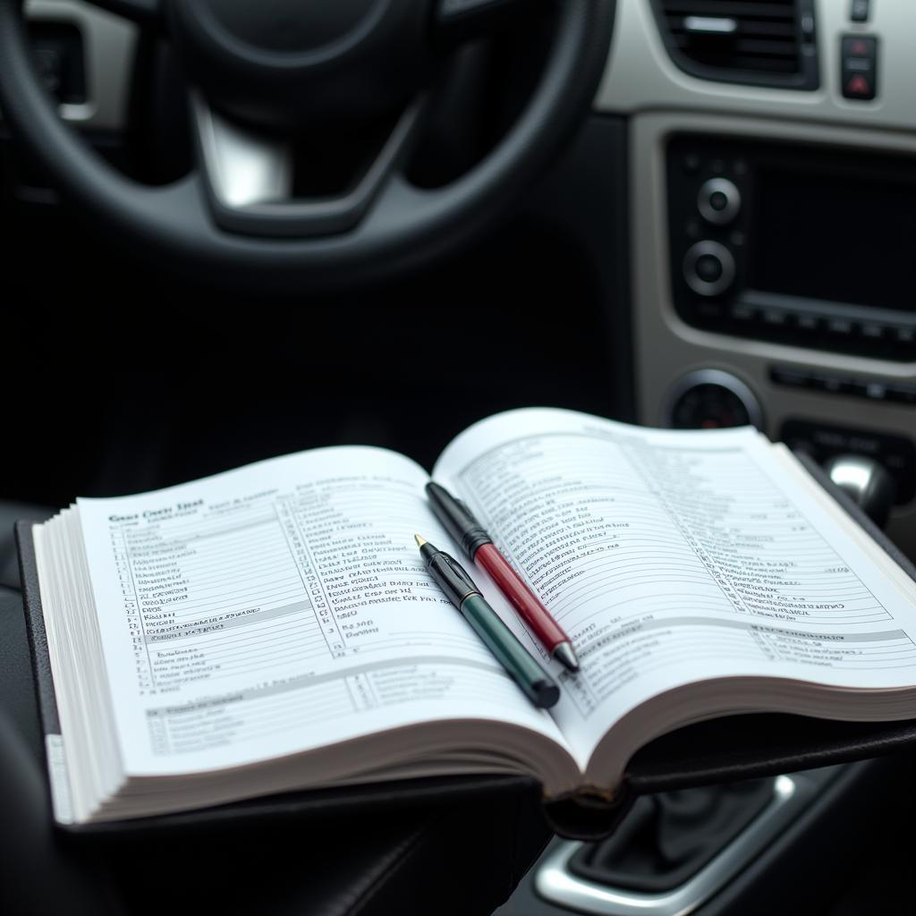 Car Maintenance Log Book and Pen on Dashboard