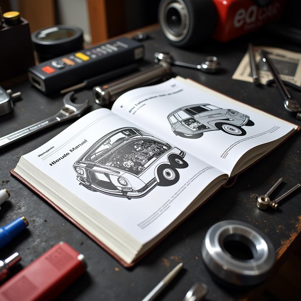 Open Car Maintenance Manual on a Workbench