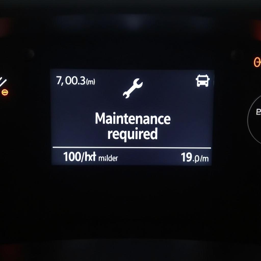 Close-up of a car's digital display showing a maintenance notification.