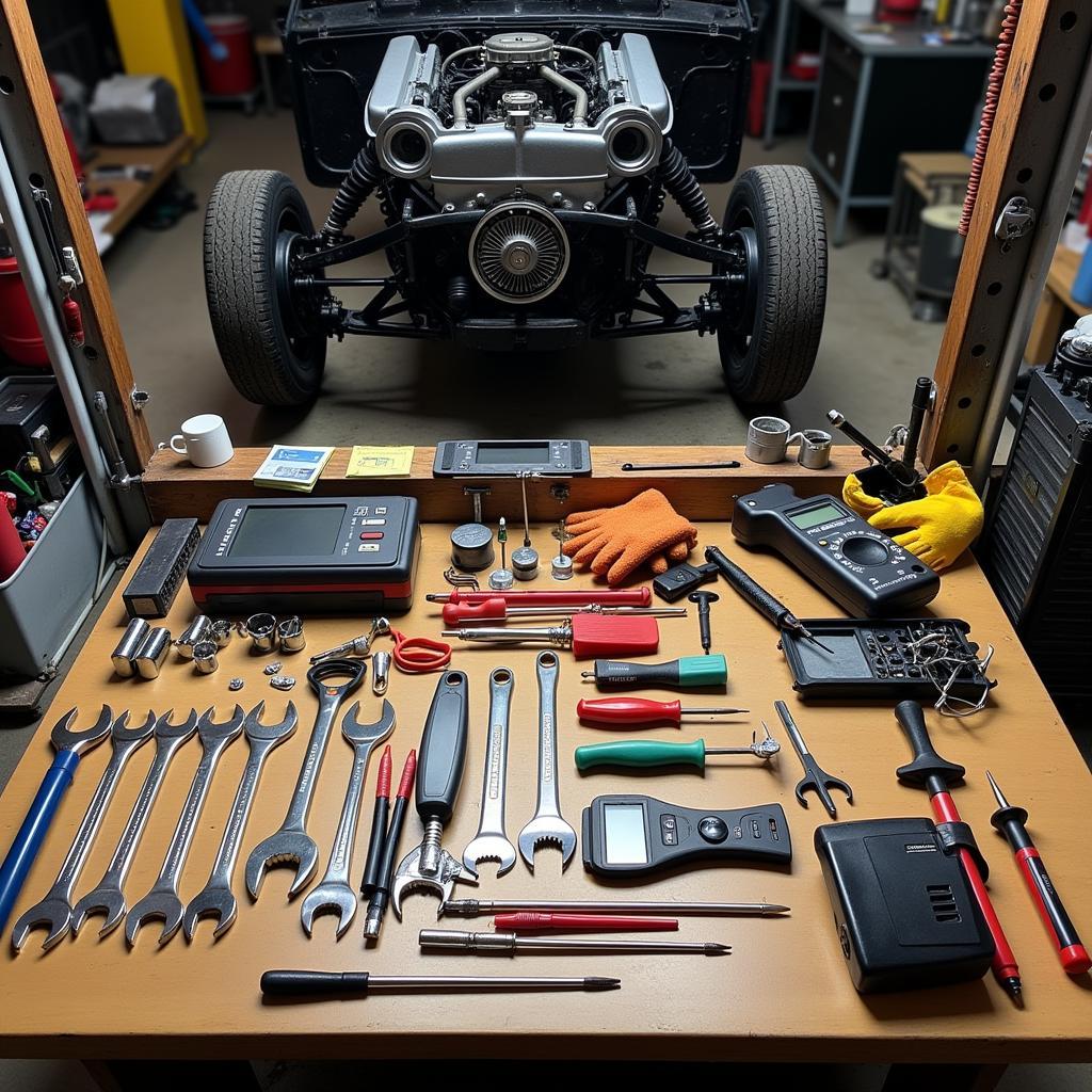 Car maintenance tools and equipment laid out on a workbench in a Seattle car maintenance class