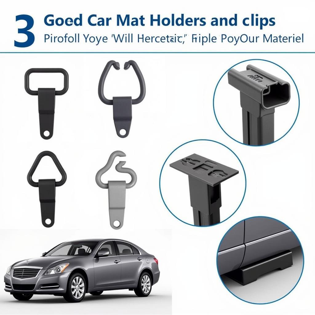 Different types of car mat holders and clips, showcasing variety for different car models.