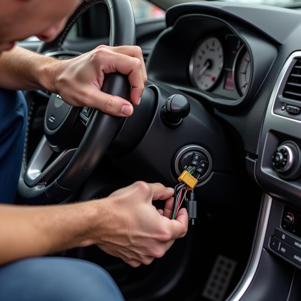 Car Mechanic Inspecting Wiring