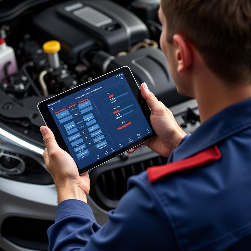 Mechanic using a car mechanic fix app on a tablet to diagnose a car problem