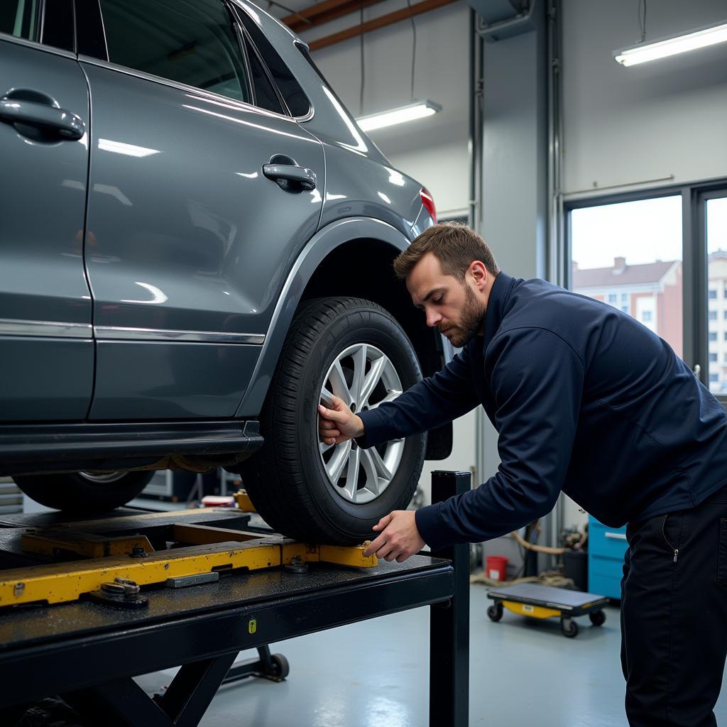 Car Undergoing Wheel Alignment