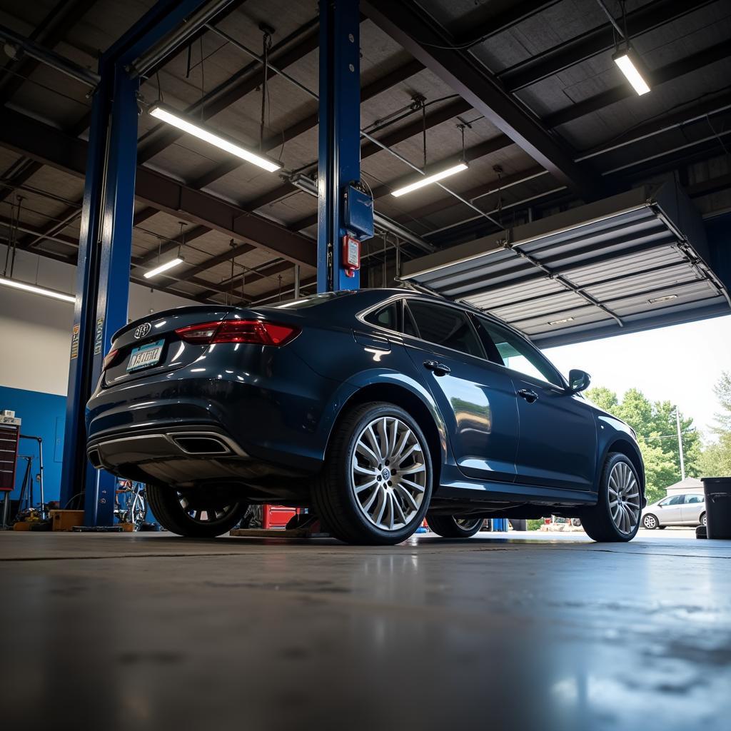 Car on a lift for oil leak repair