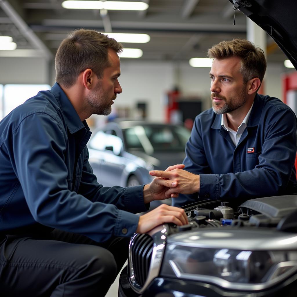 Car owner talking to a mechanic about car maintenance.