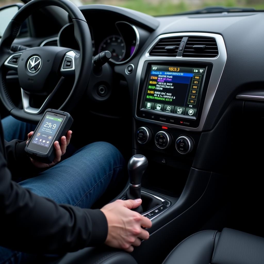 Connecting a car problem scanner to the OBD2 port.