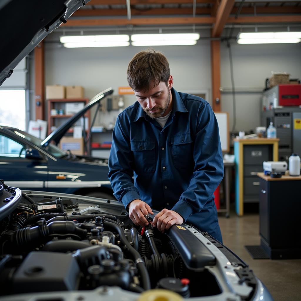 Car Repair in Flint, MI: A mechanic working on a car engine in a well-equipped auto repair shop in Flint, Michigan.