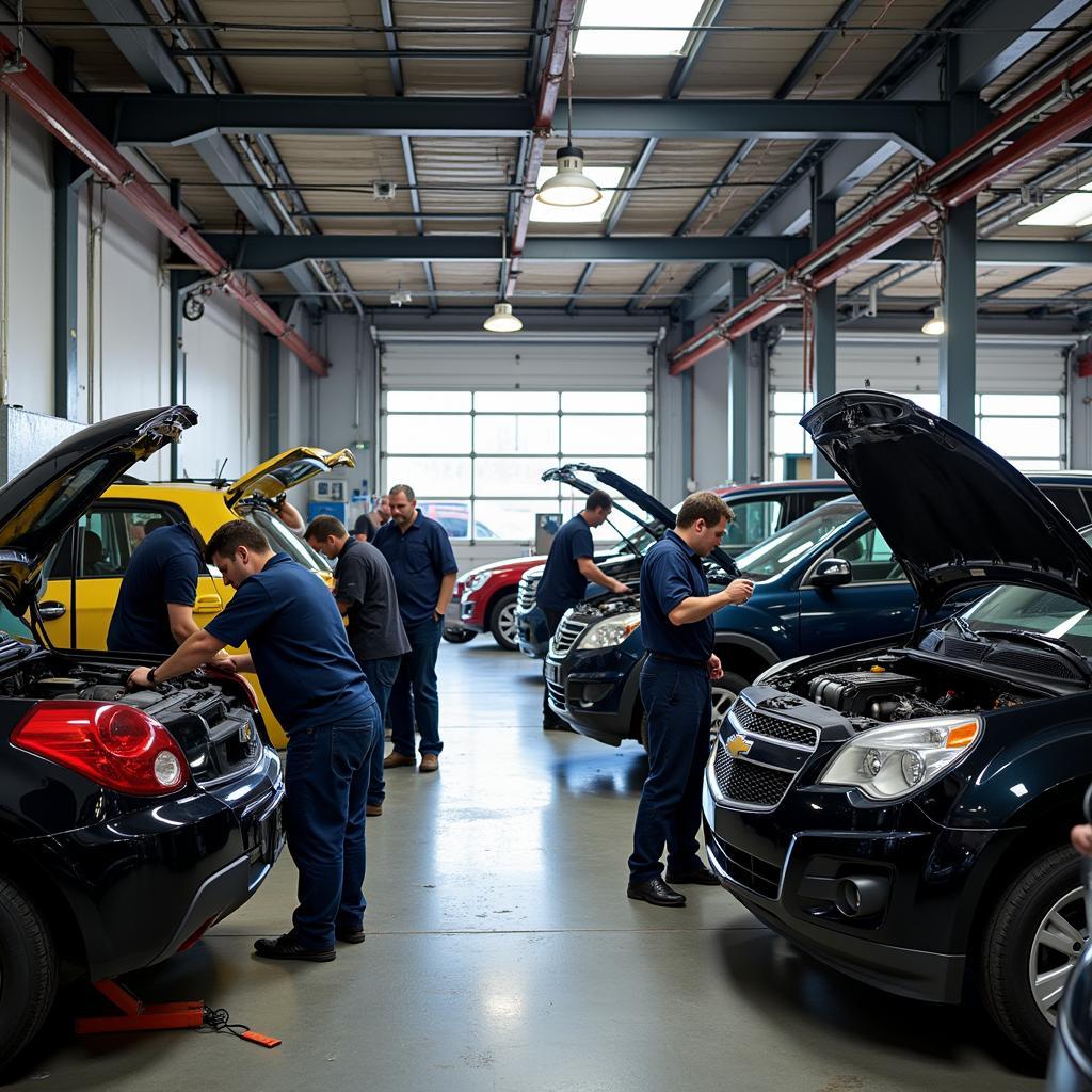 Busy Car Repair Shop with Mechanics