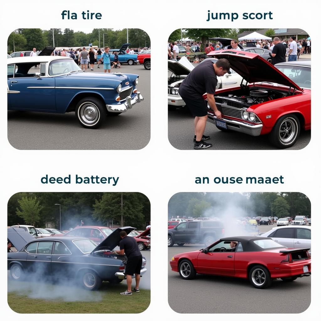 Car show mechanical troubles: flat tire, dead battery, overheating engine