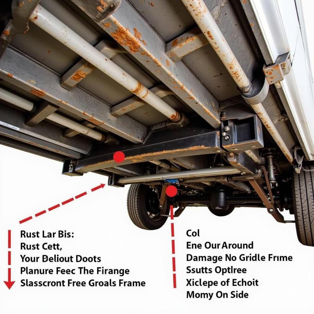 Inspecting the frame and suspension of a car trailer for rust, cracks, and damage.