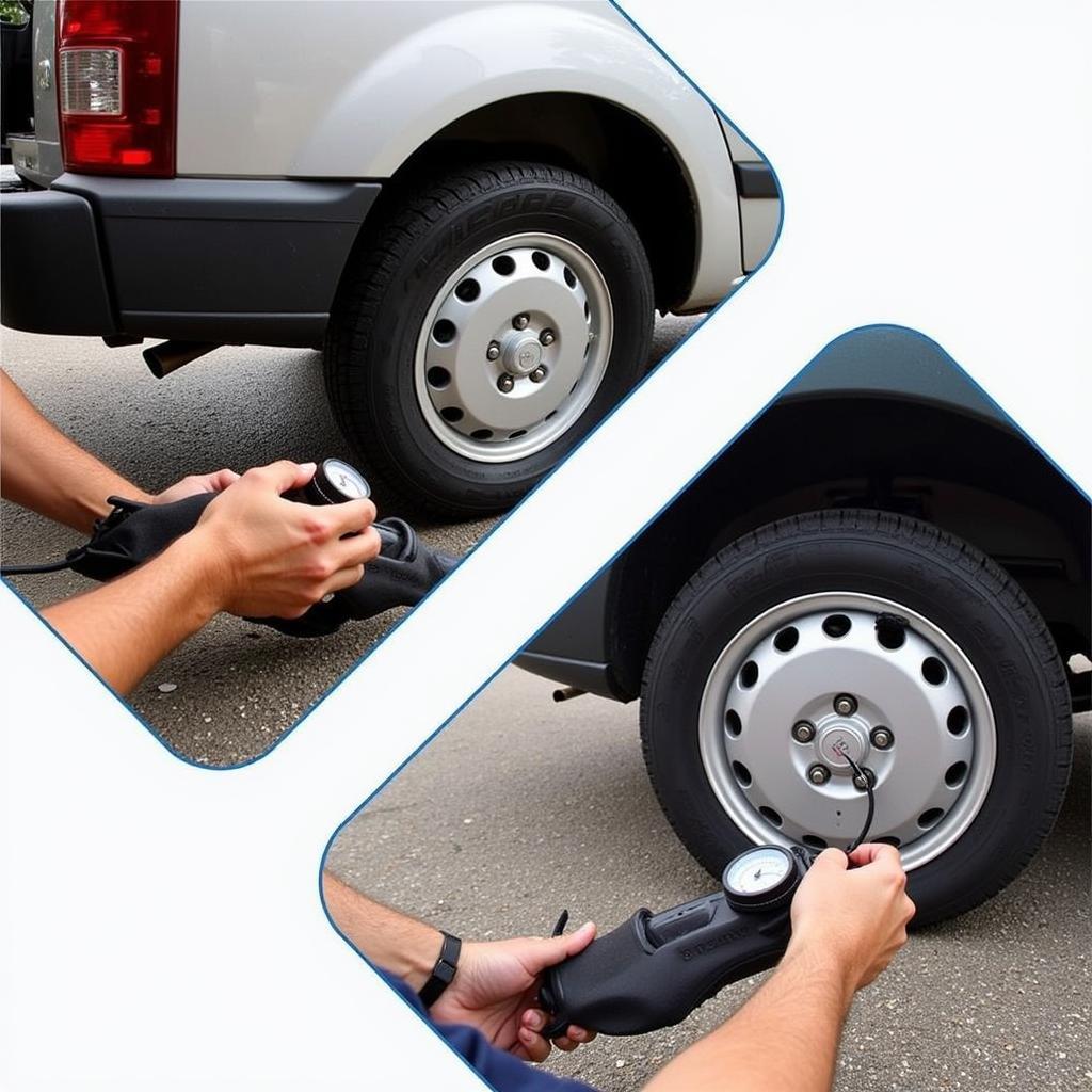 Checking tire pressure and inspecting wheels for damage on a car trailer.