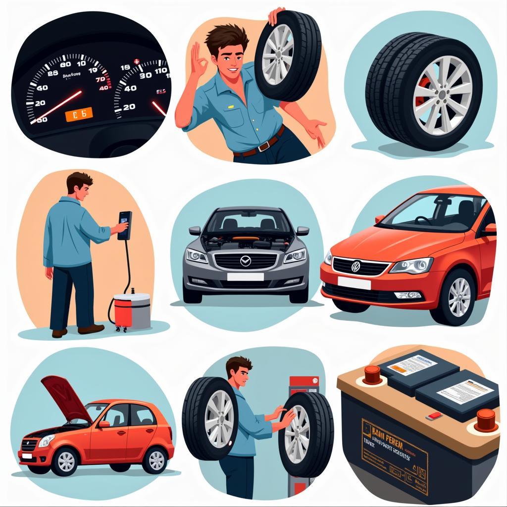 Car Troubleshooting Guide: Visual guide showing various car problems, including engine issues, electrical faults, and tire wear.