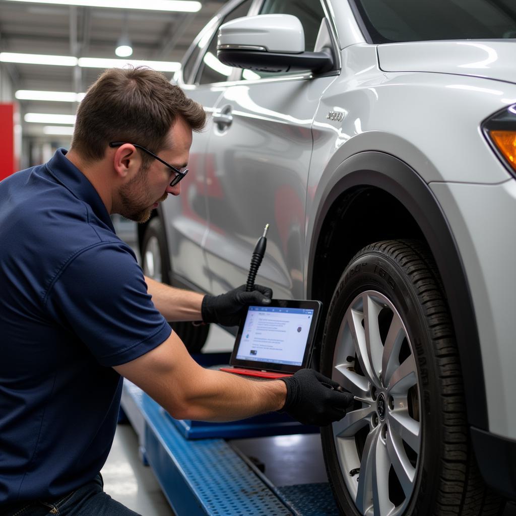 Car wheel alignment being checked in Jacksonville, FL