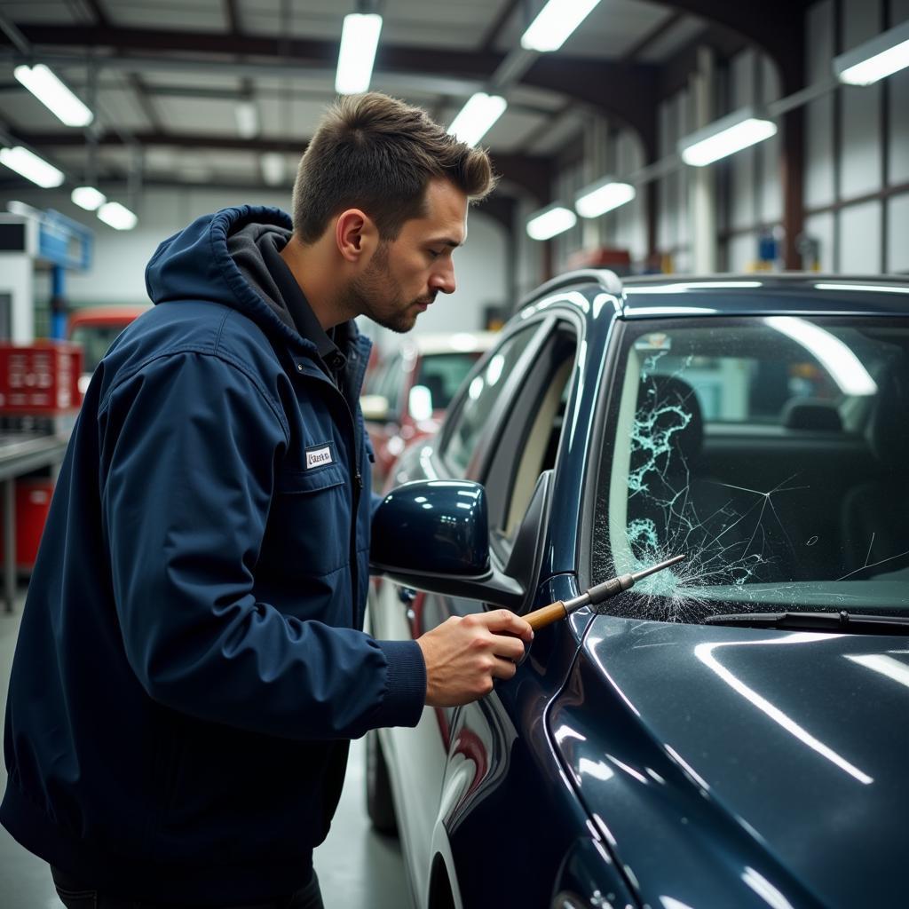 Car window repair shop near me: A technician inspecting a cracked car window.