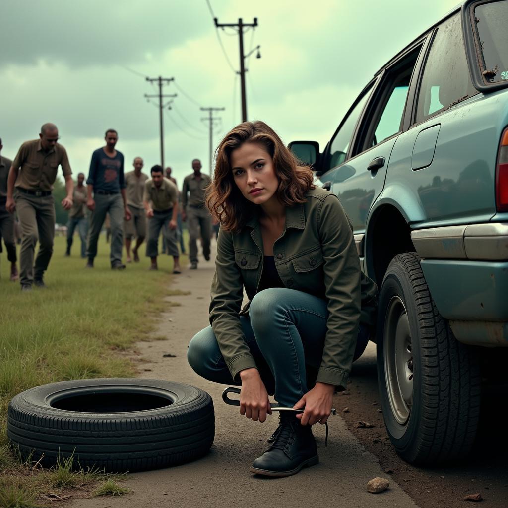 Changing a Car Tire During a Zombie Apocalypse