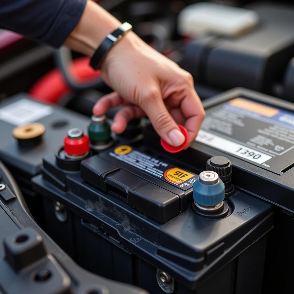 Inspecting a Car Battery for Filler Caps