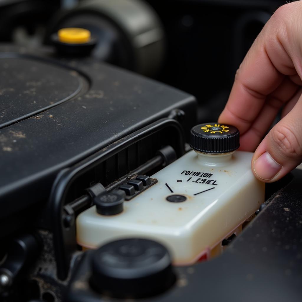 A person checking the car's coolant level in the overflow tank.