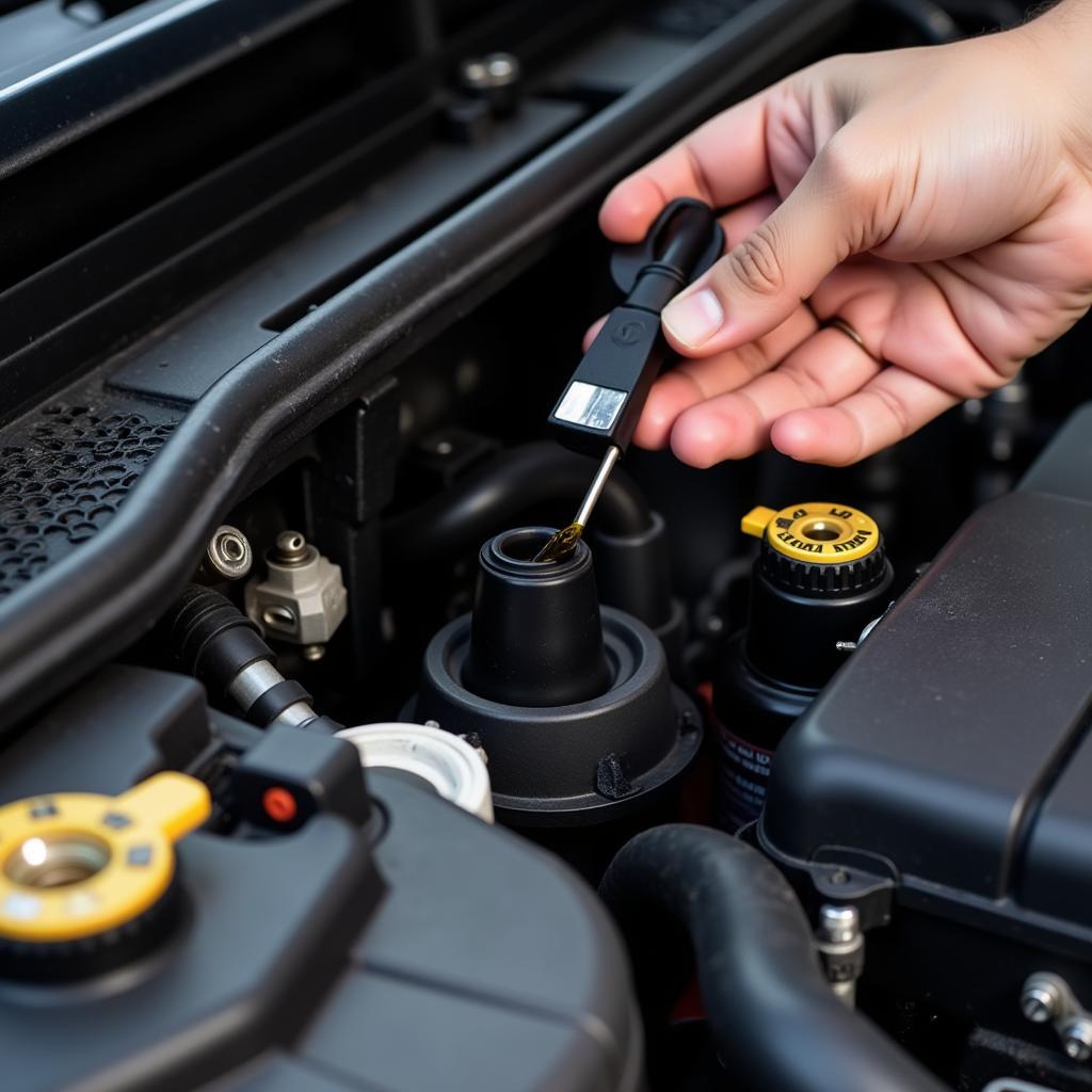 Checking car fluids like oil, coolant, and brake fluid