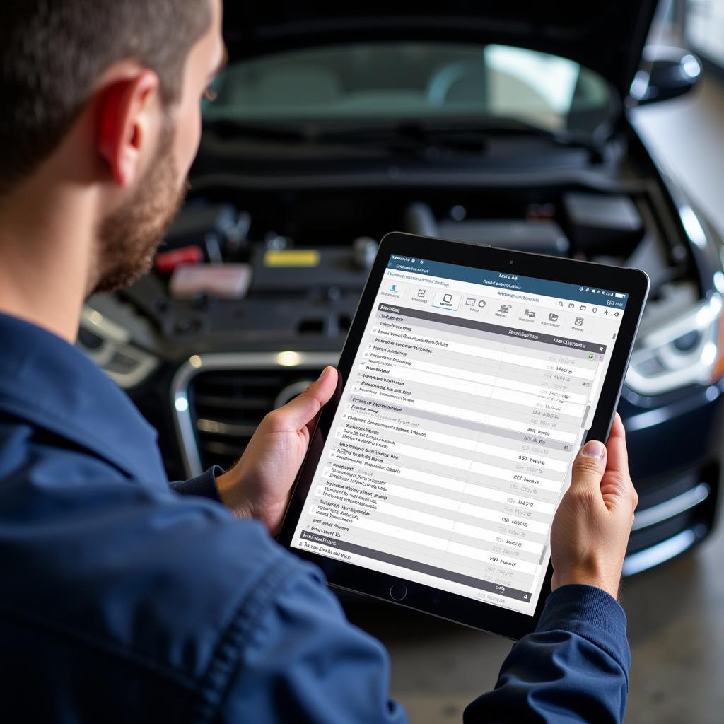 Mechanic checking car maintenance records