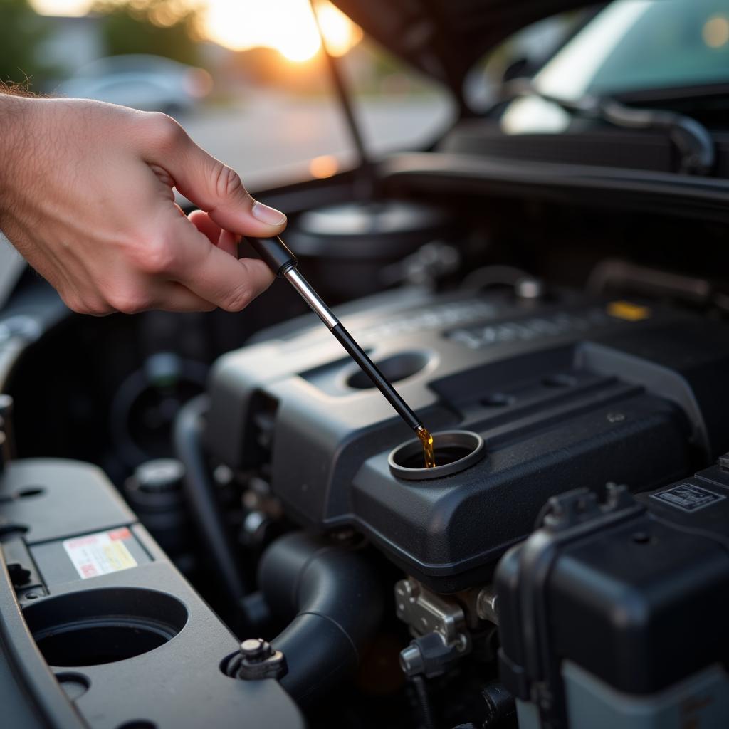 Checking Oil Level in Car Engine