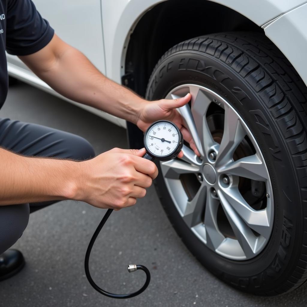 Checking Car Tire Pressure with Gauge