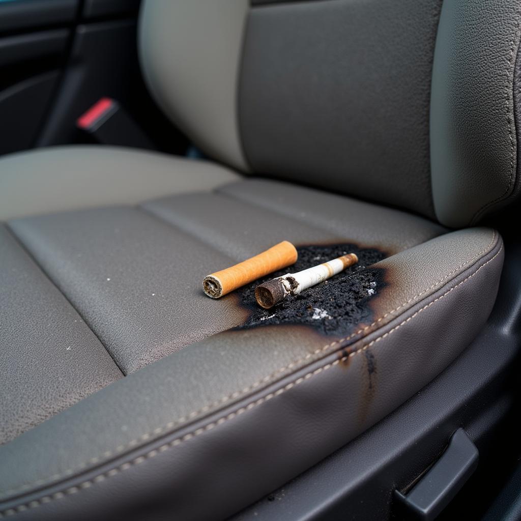 Close-up of a cigarette burn in a car seat