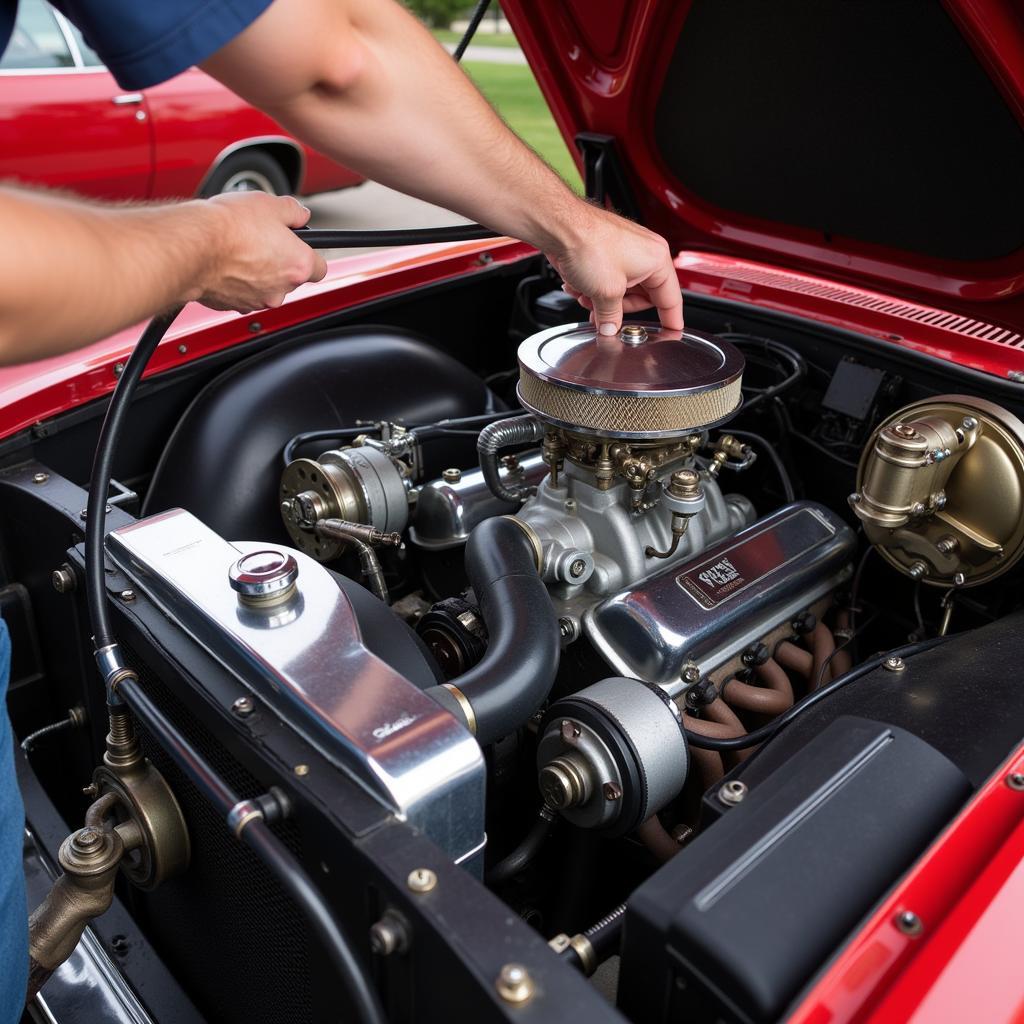 Inspecting the fuel system of a classic car