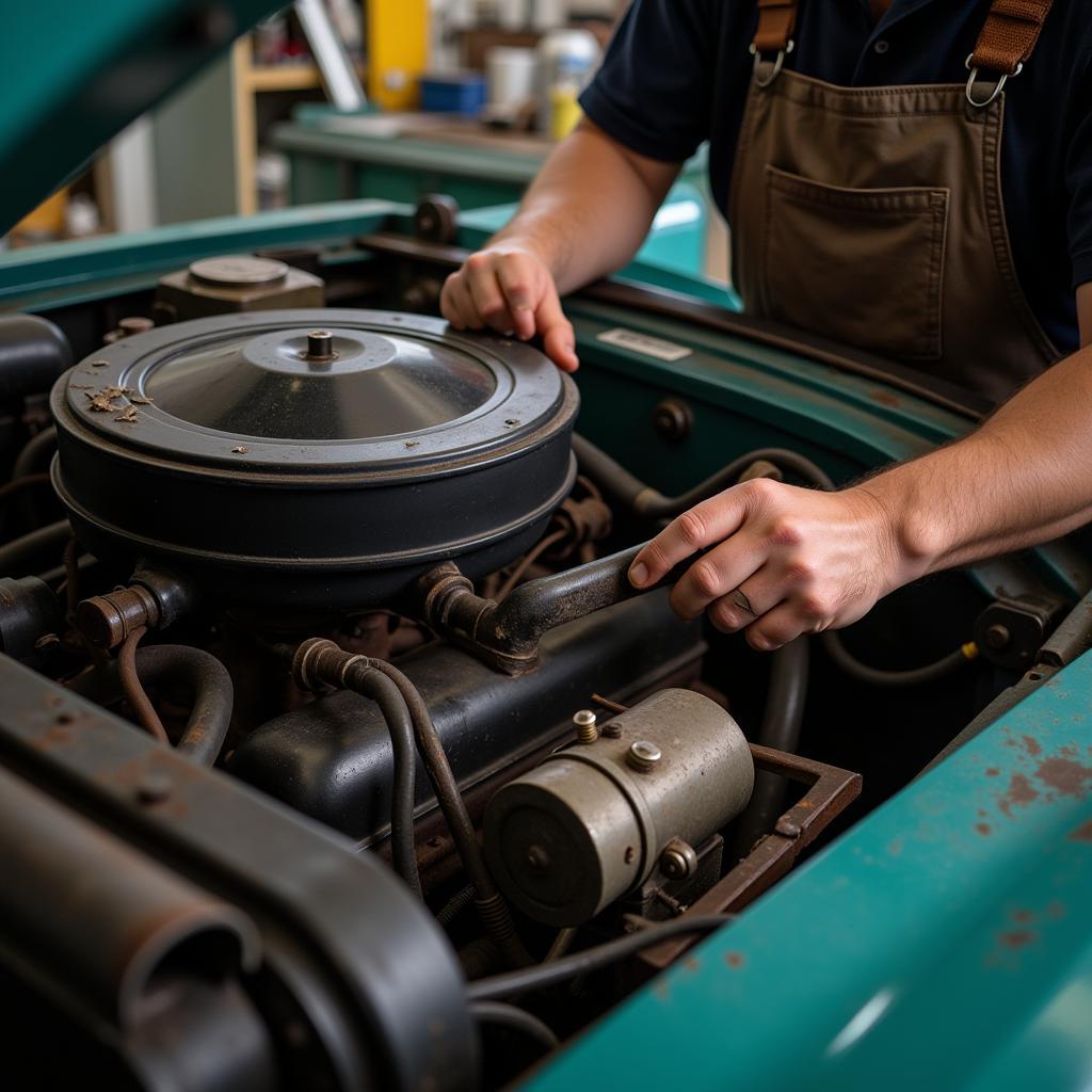 Experienced Mechanic Working on a Classic Car Engine in Havana