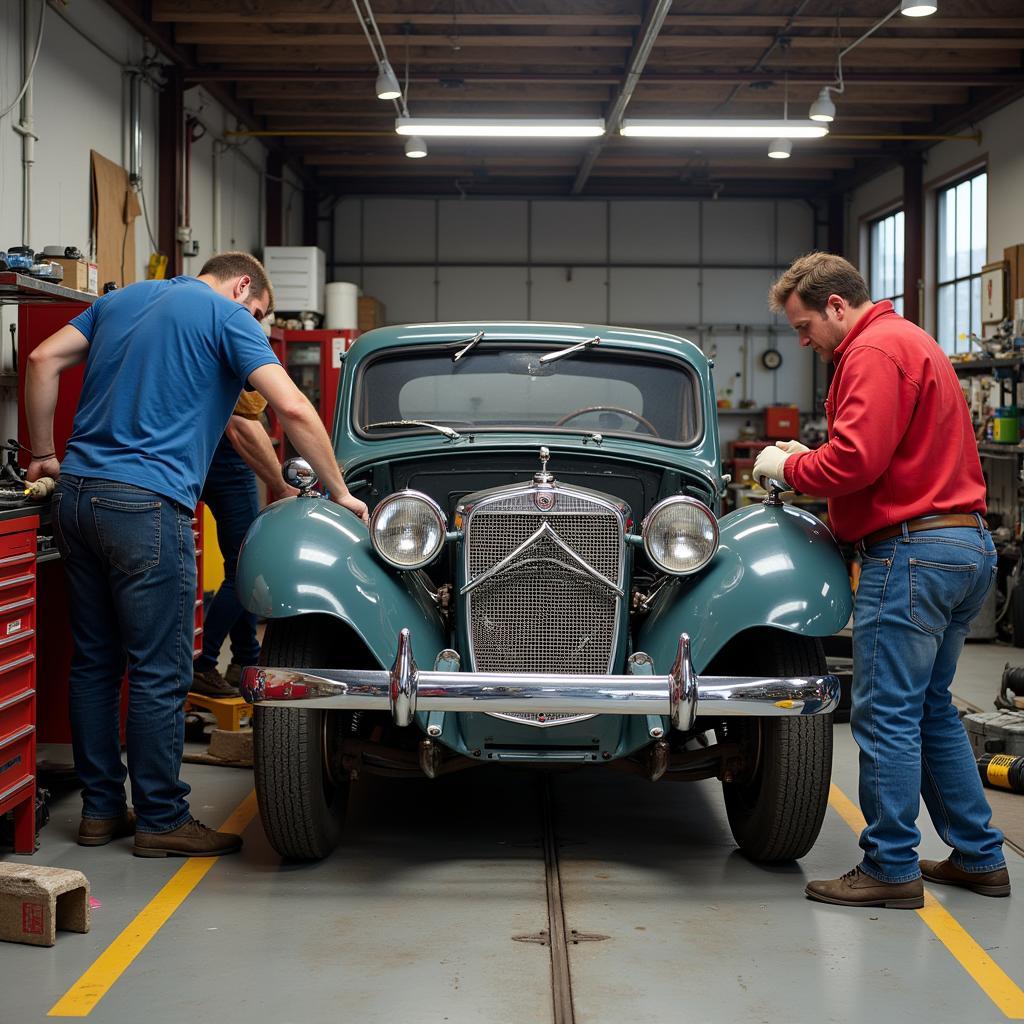 Classic Car Restoration on TV: A team of mechanics meticulously restores a vintage car, bringing it back to its former glory.