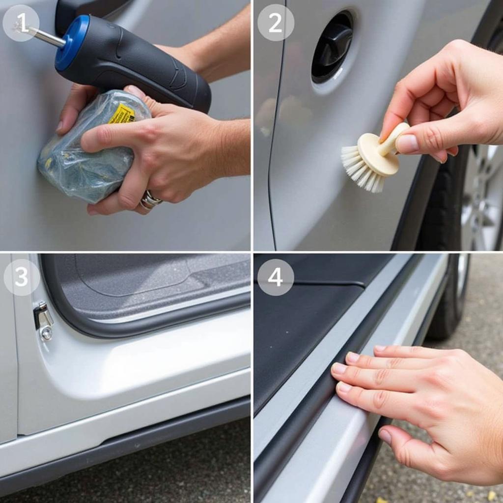 Cleaning Car Door Seal with Brush and Detergent