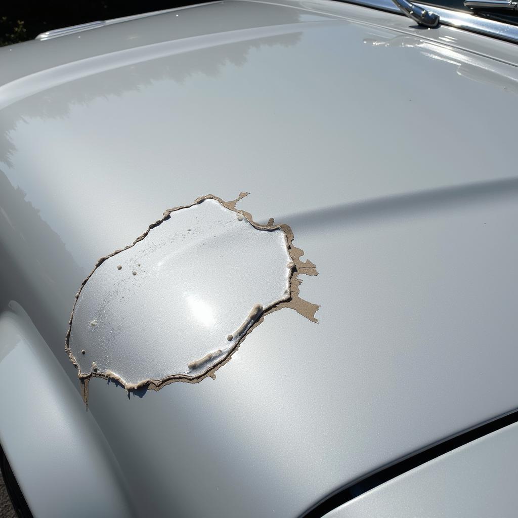 Close-up of clear coat peeling on a car hood