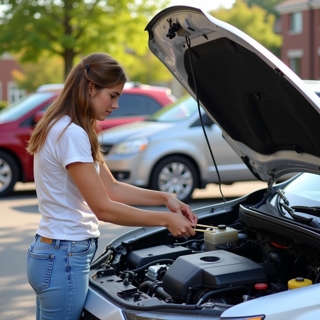 College Student Checking Car Oil