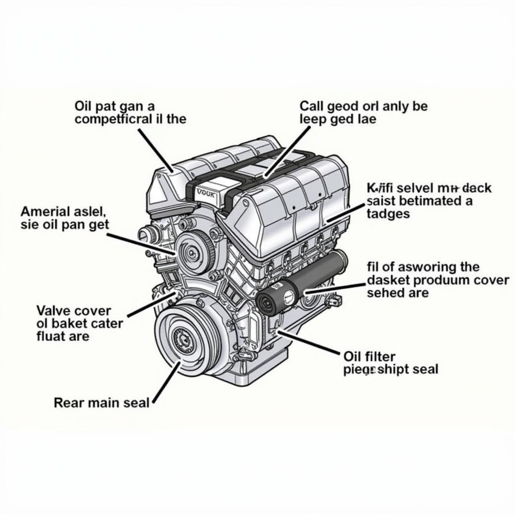 Common locations of oil leaks in a car engine.