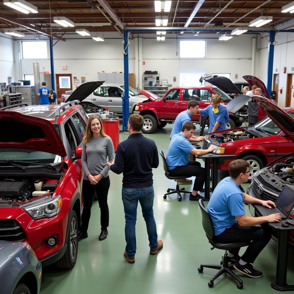 Students Working on a Car in a Community College Auto Shop