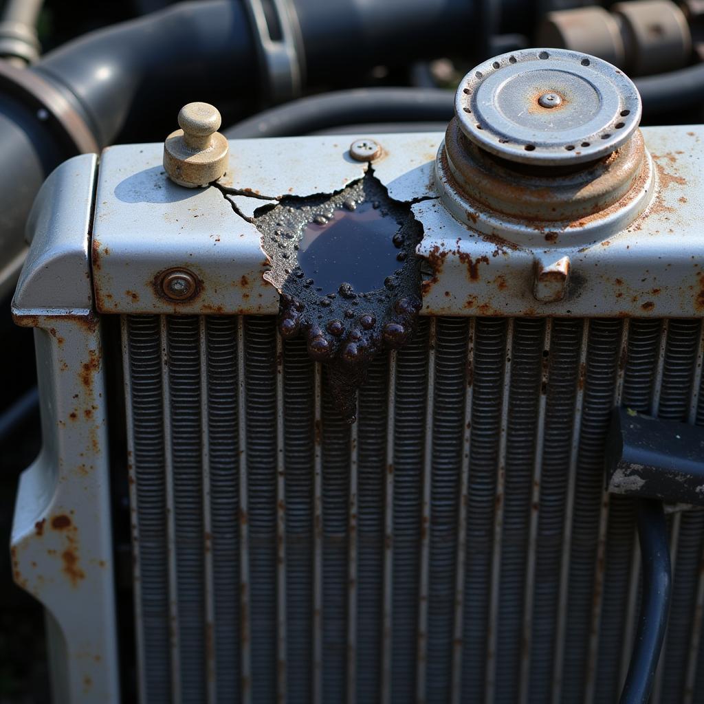 Close-up of a cracked car radiator showing coolant leak.