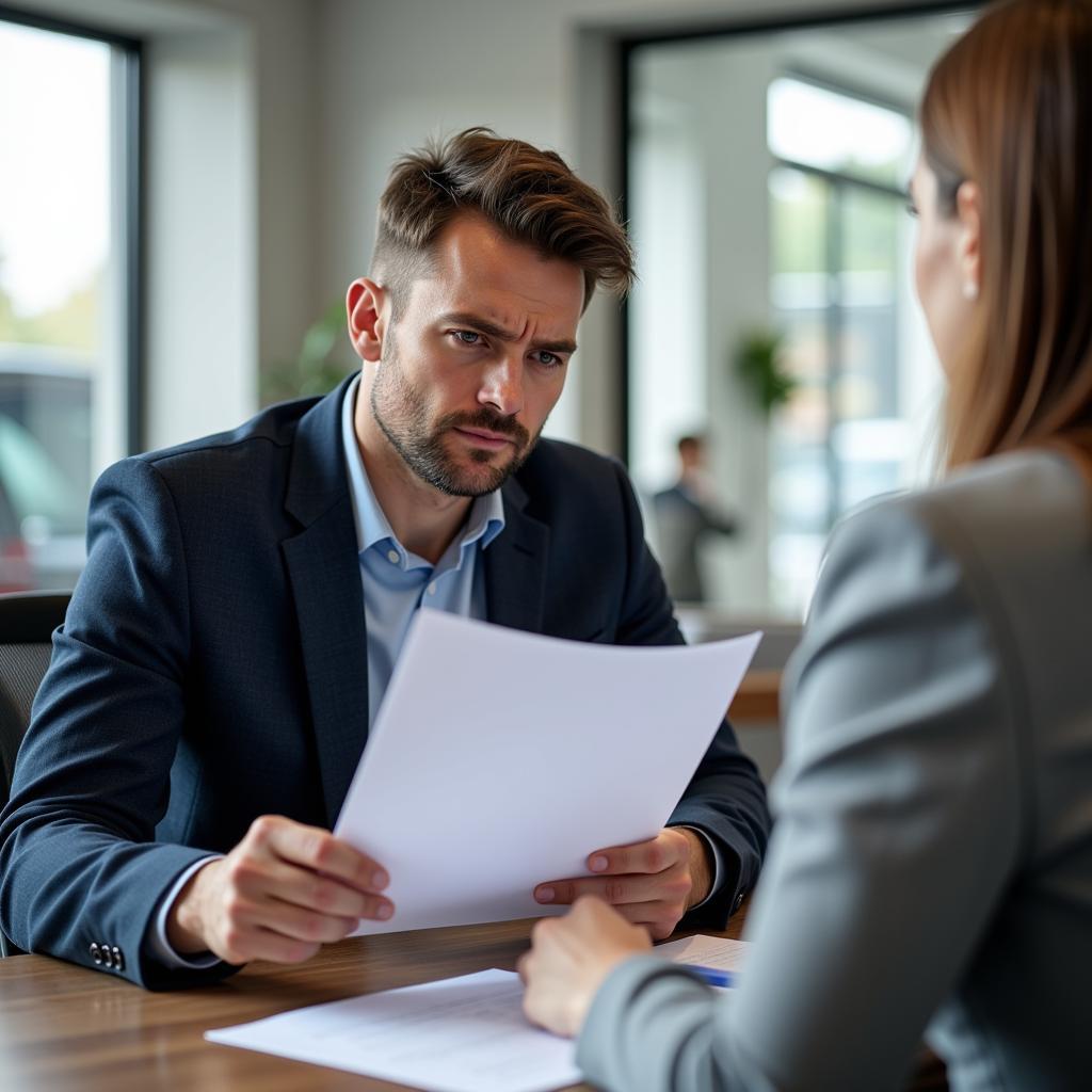 Frustrated car buyer at a dealership experiencing credit problems.