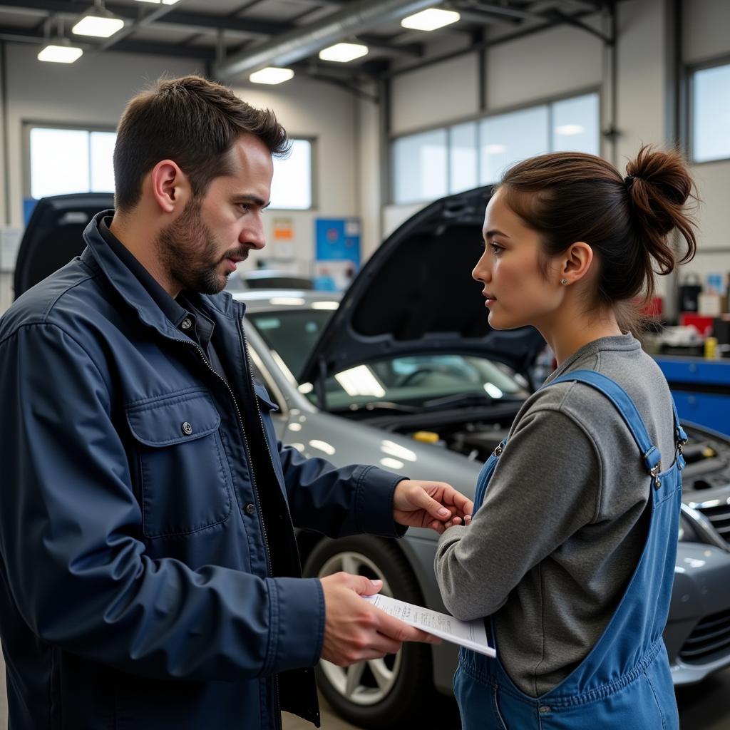 Customer Talking to Mechanic about Car Repair