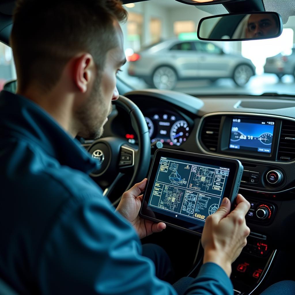 Cyberpunk Fixer Car Diagnostic Tool in Use