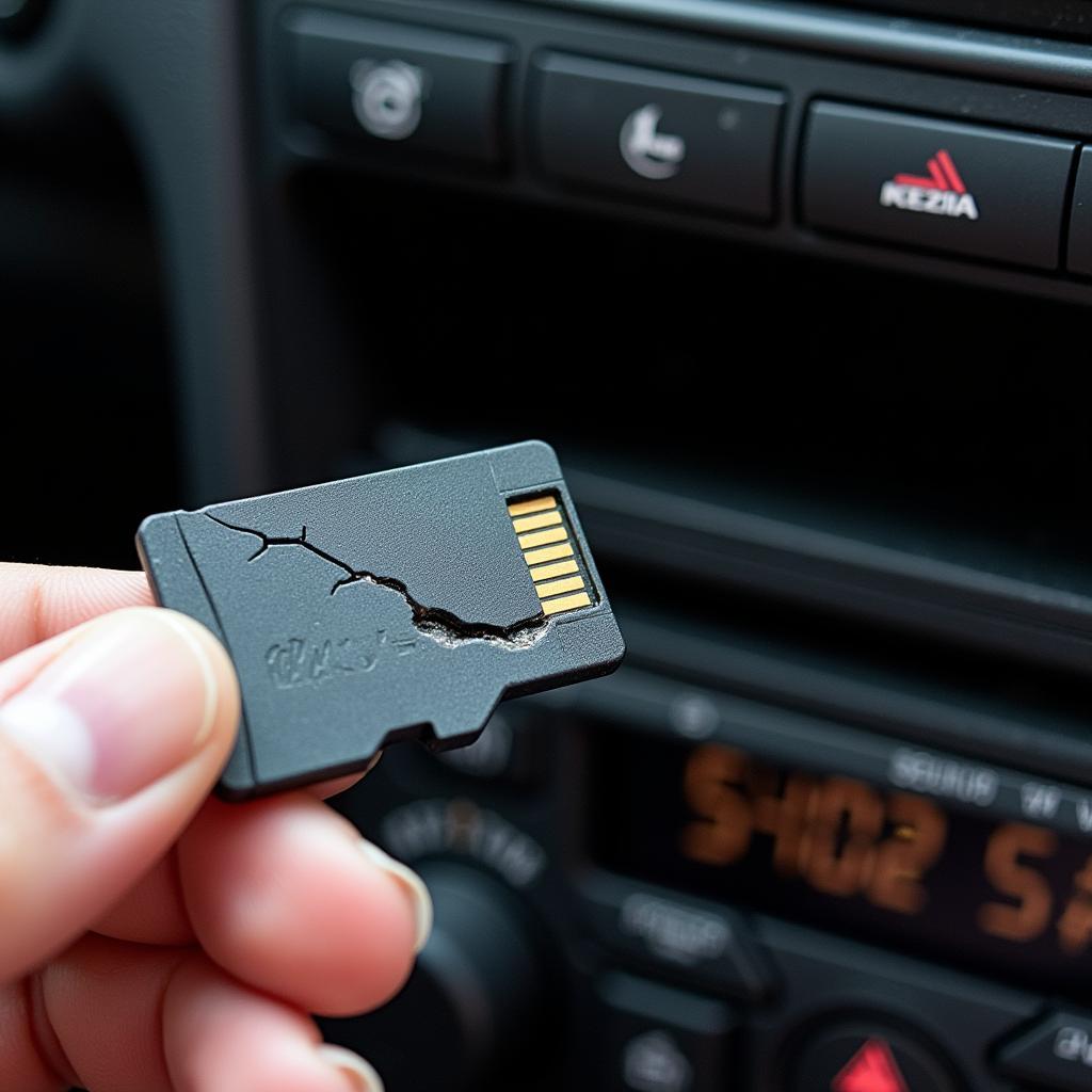 Damaged SD card next to a car stereo