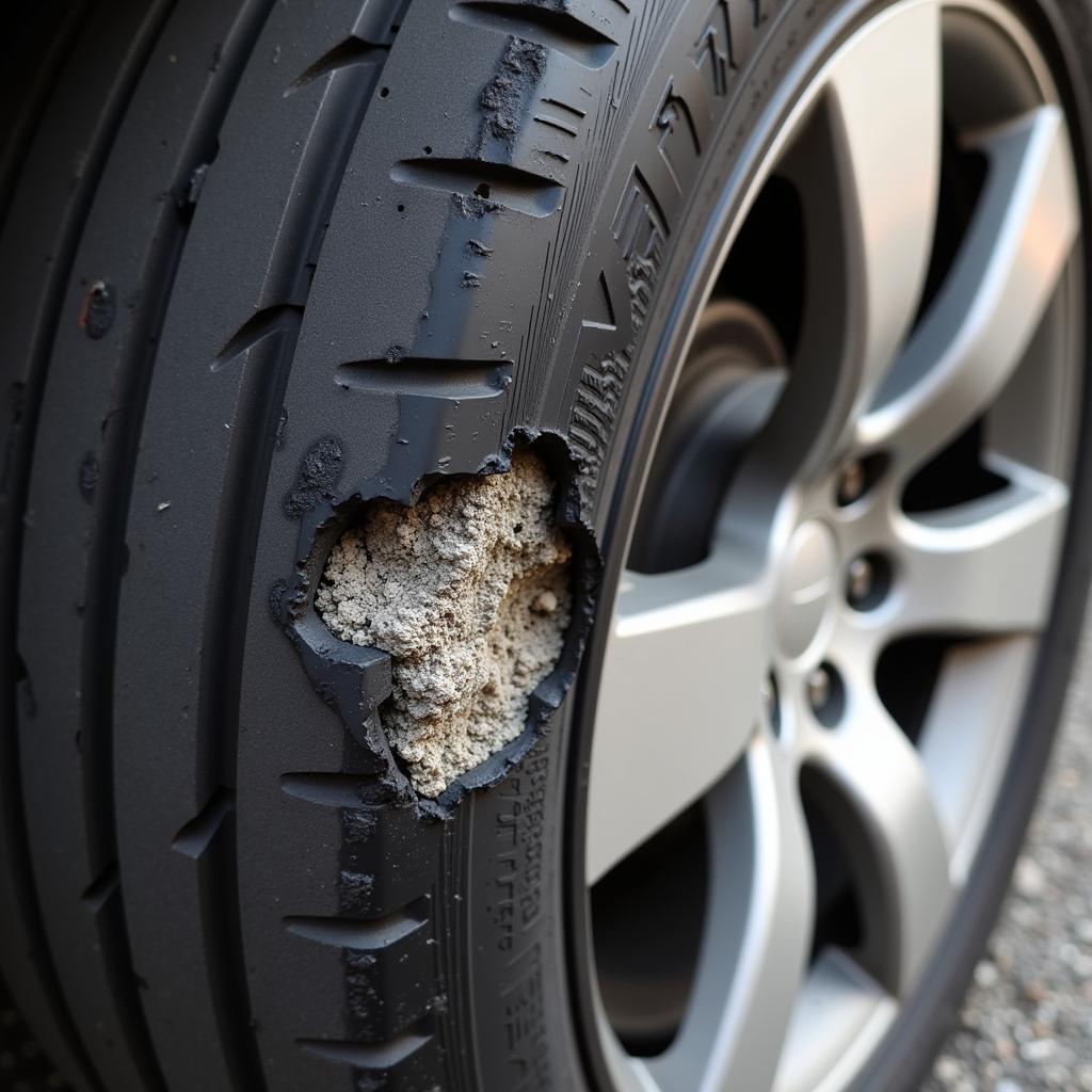 Damaged Tire Sidewall Showing a Bulge