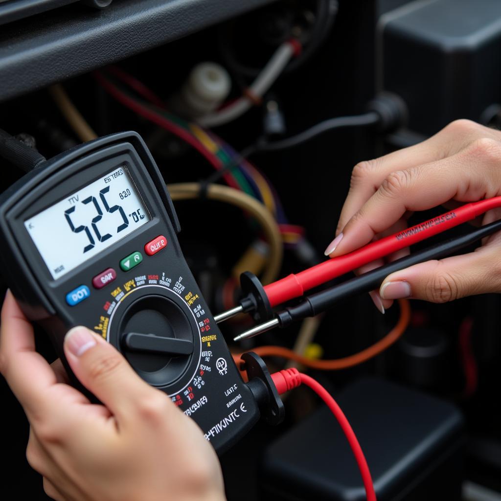 Diagnosing Car Light Problems: A close-up of a multimeter being used to check the voltage of a car's light circuit.