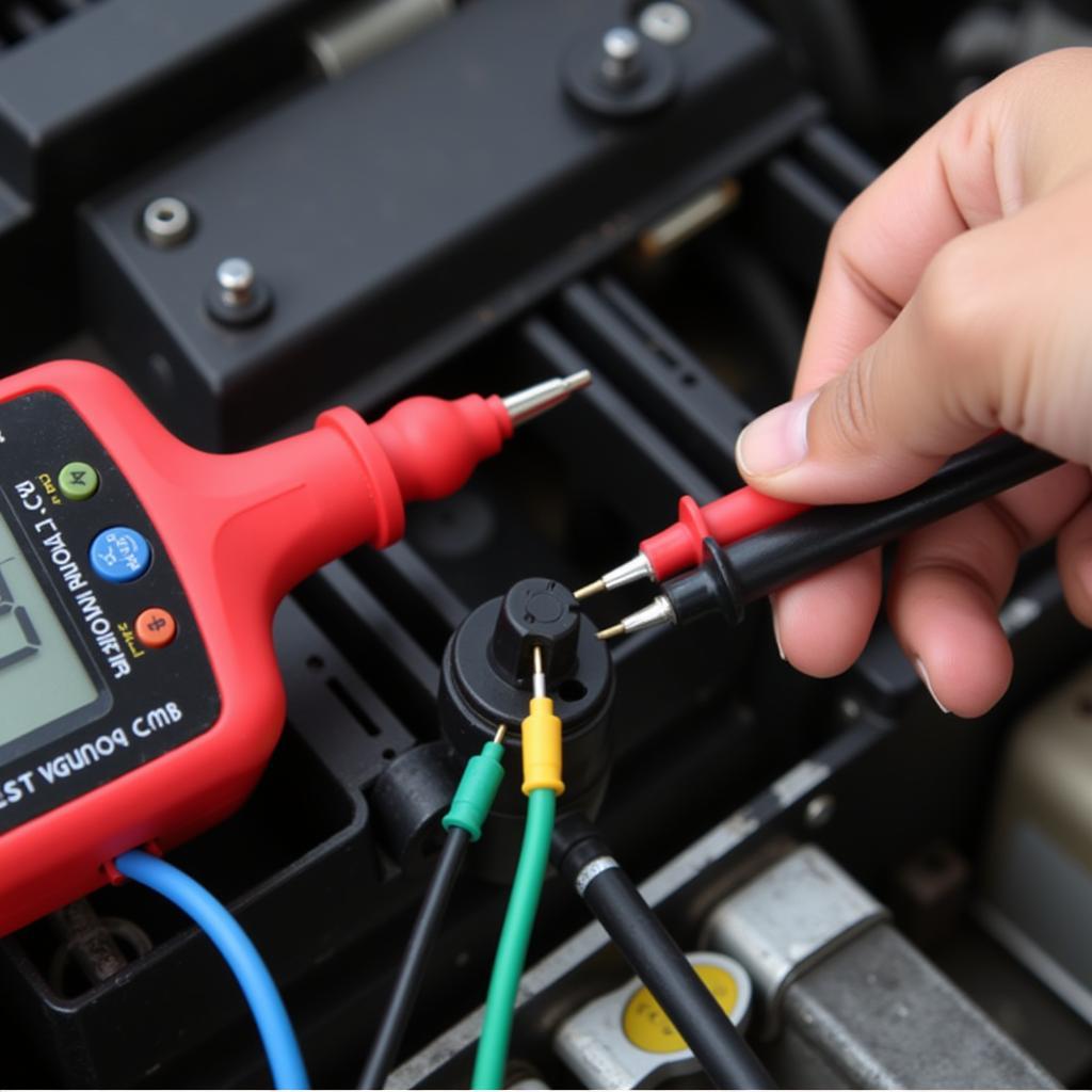 Diagnosing car window problems: A mechanic uses a multimeter to test the electrical connections of a car's power window system.