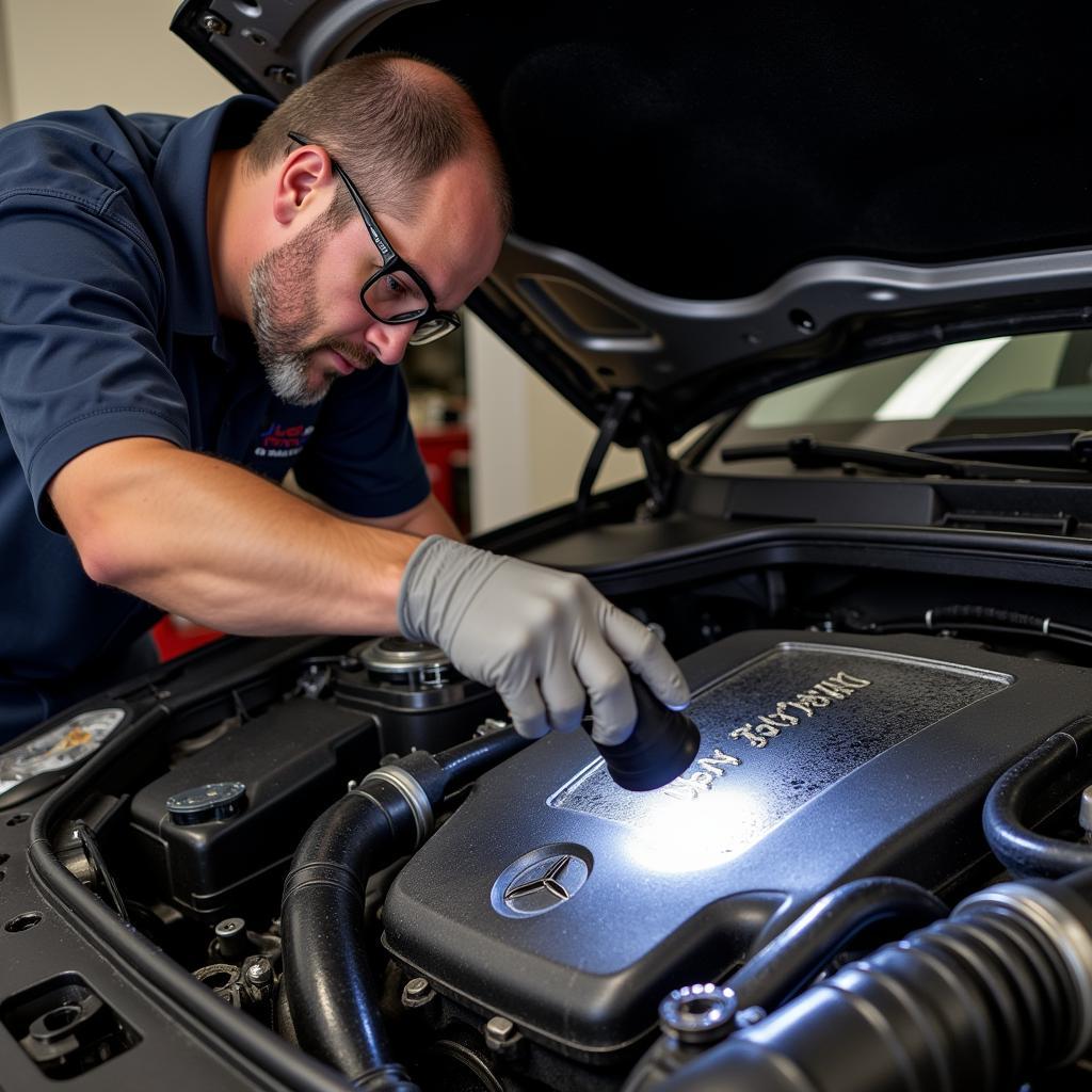 Mechanic inspecting the engine compartment of a flood-damaged E550