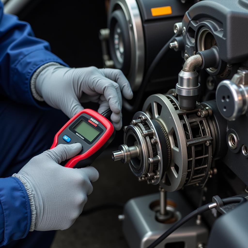 Electric Car Drivetrain Inspection during a Maintenance Course: A close-up view of a technician inspecting the drivetrain components of an electric vehicle during a specialized training course.