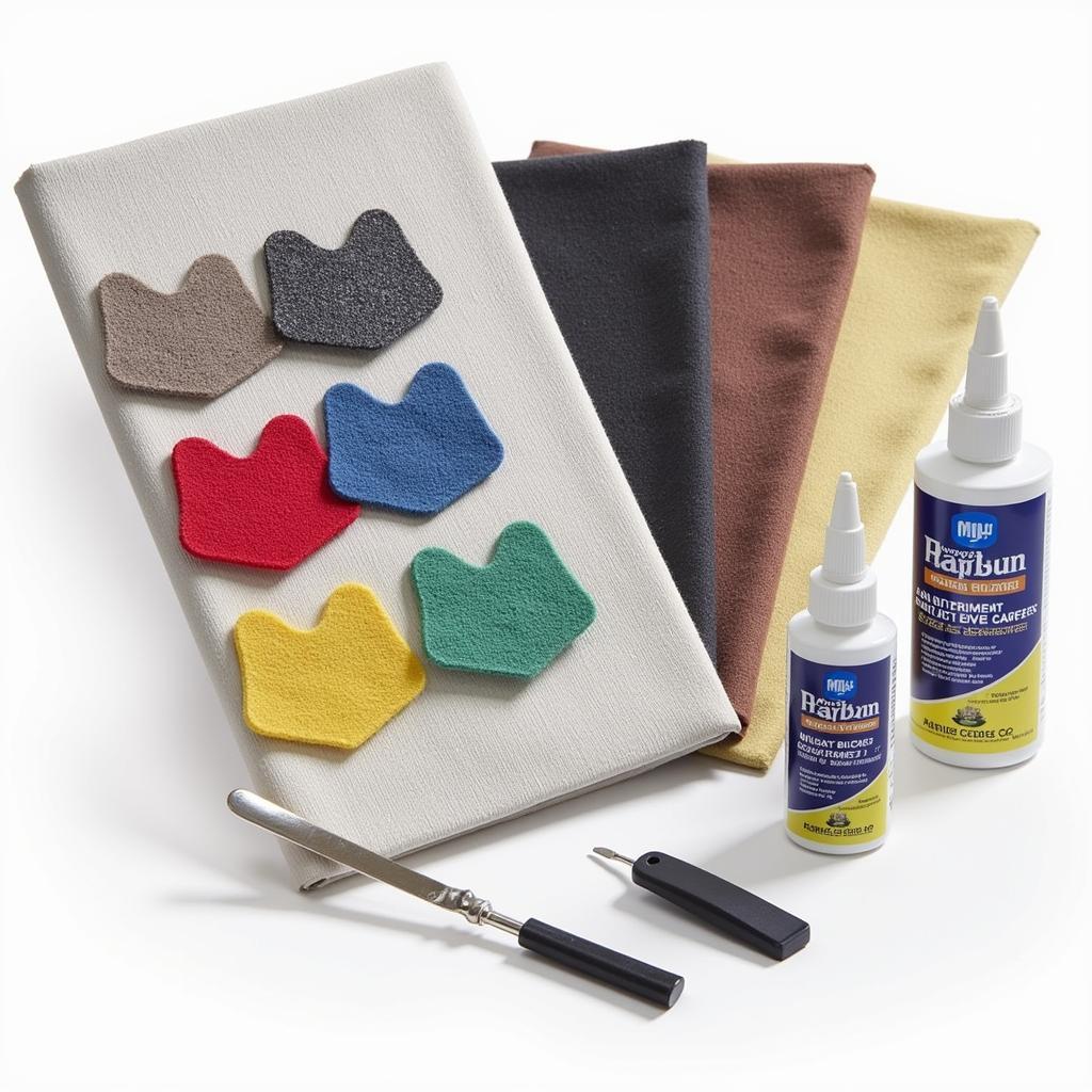 Fabric repair kit for car seats with various tools and materials.