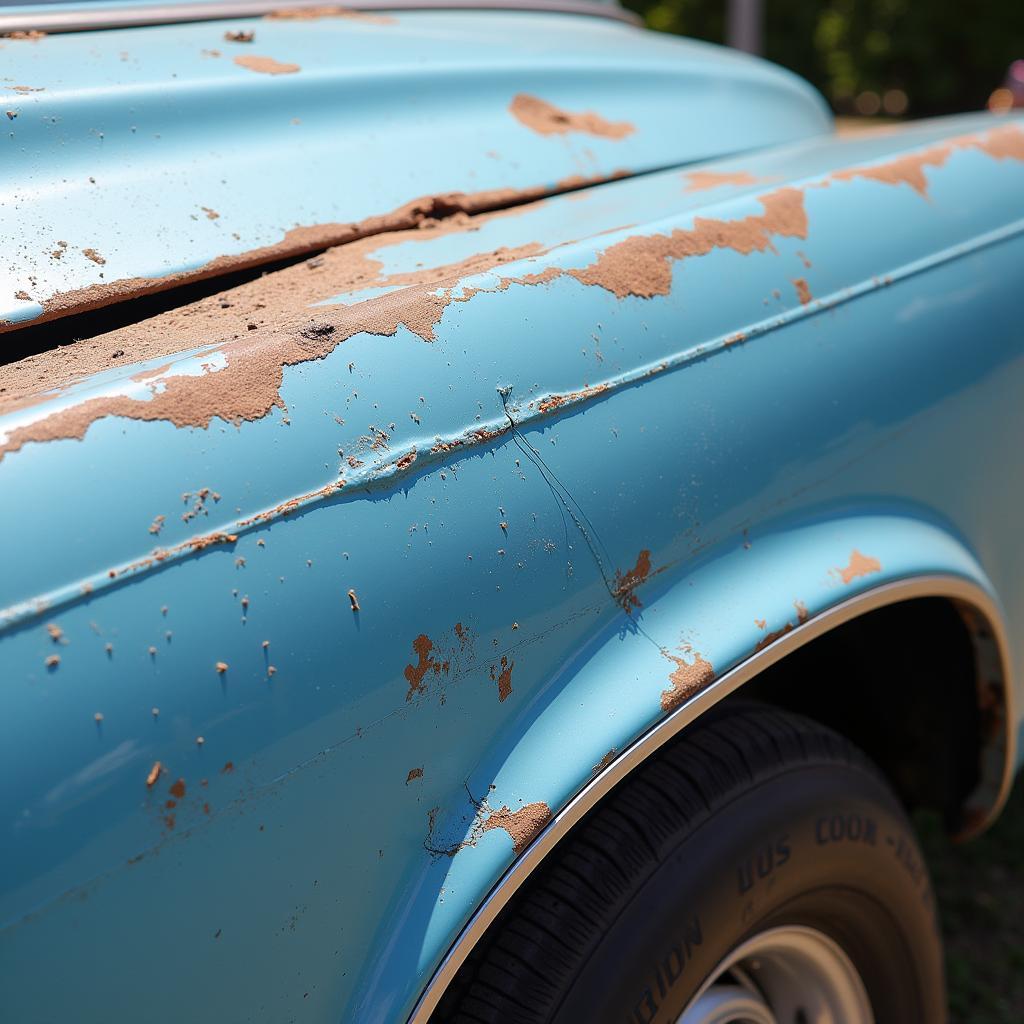 Close-up of faded and damaged car paint