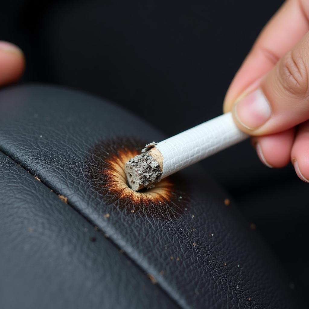 Close-up of a cigarette burn damaging a leather car seat